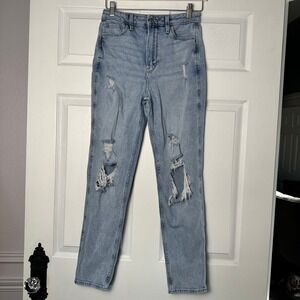 Hollister Womens High Rise Mom Crop Jeans Light Wash Distressed Ripped 3R 26/27